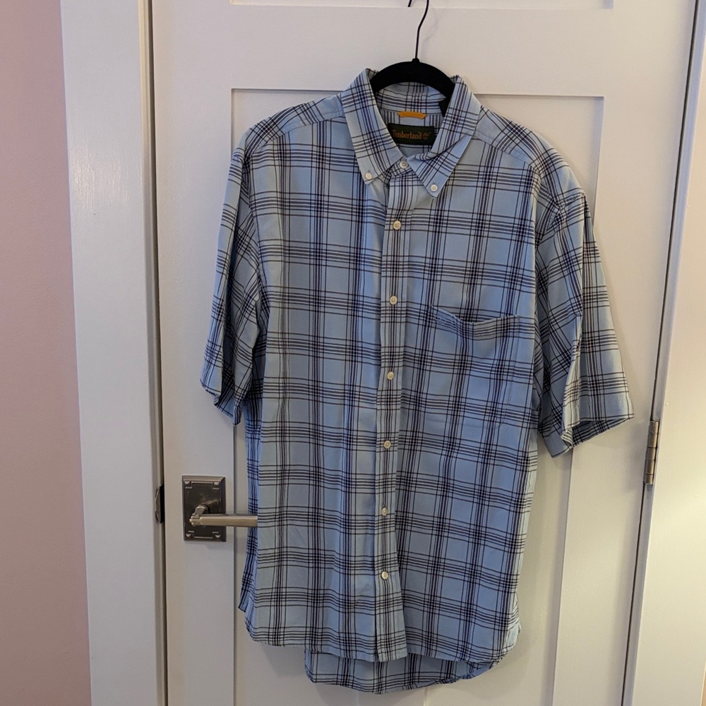 Timberland 100% Cotton Shrt Sleeve Light Blue Plaid Button Down Shirt
